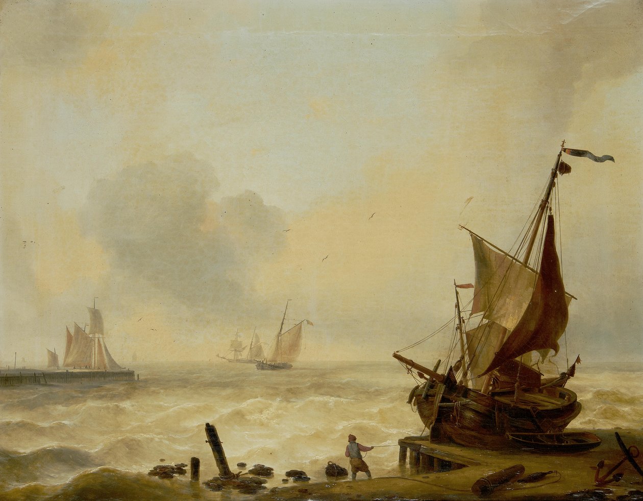 Kleine Boote kämpfen in schwerer Dünung vor der Hafeneinfahrt von Charles Louis Verboeckhoven