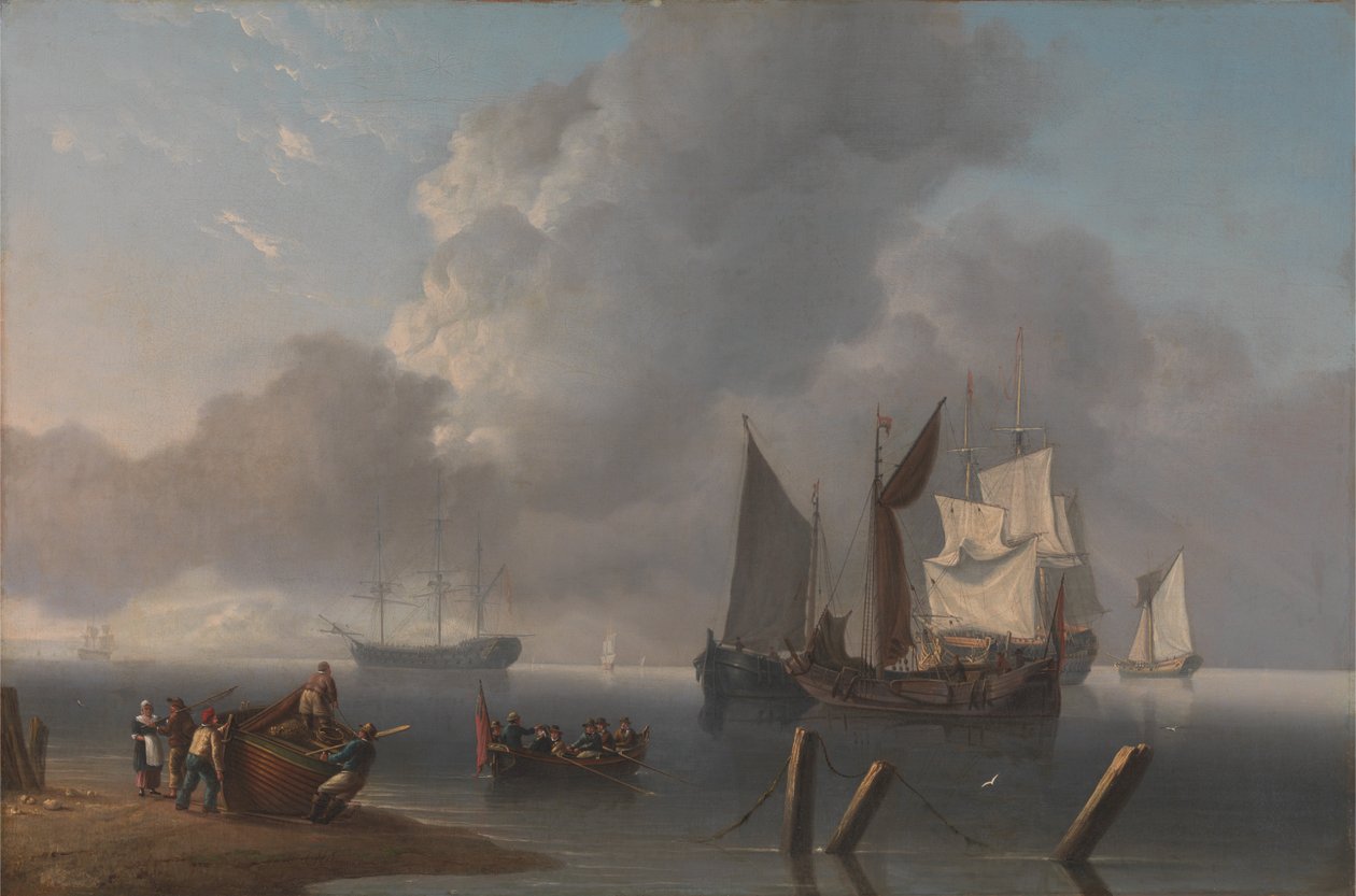 Kriegsschiffe vor Anker, der kommandierende Admiral wird zur Flaggschiff gerudert, ihre Segel beleuchtet von Charles Martin Powell