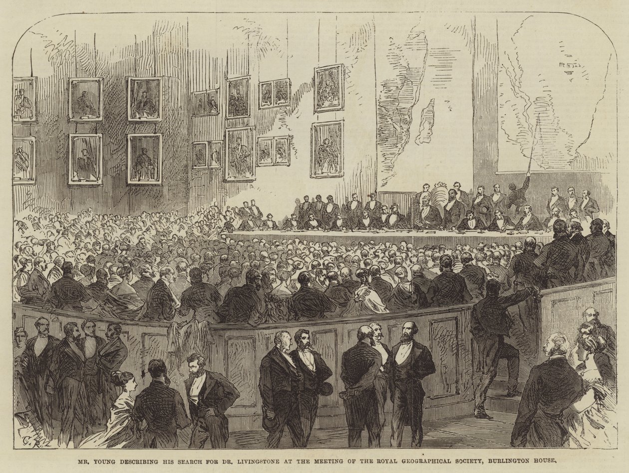 Mr. Young beschreibt seine Suche nach Dr. Livingstone bei der Sitzung der Royal Geographical Society, Burlington House von Sir John Charles Robinson