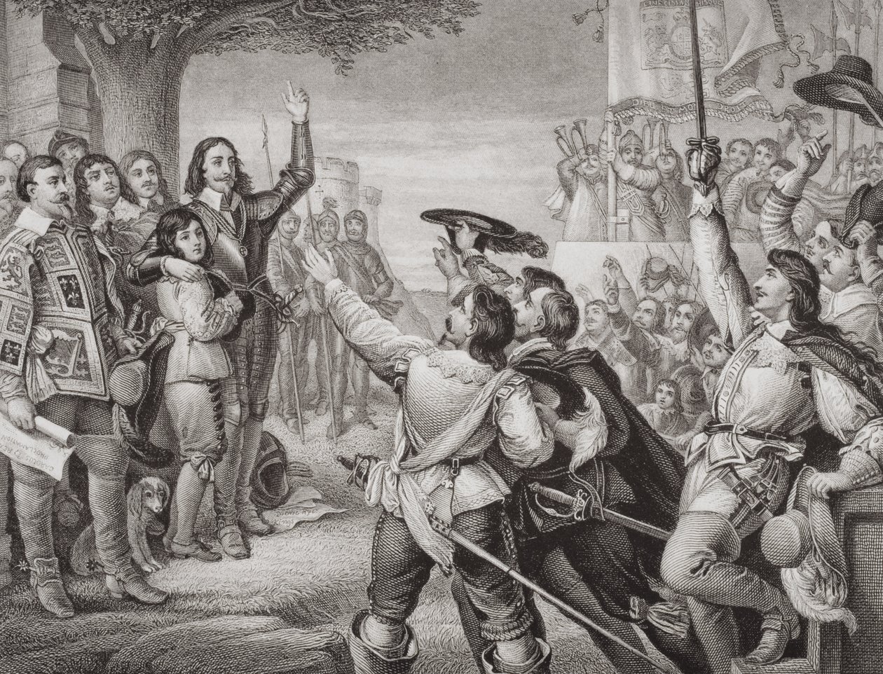 Karl I. (1600-49) errichtet sein Banner in Nottingham in der Eröffnungsszene des Großen Bürgerkriegs am 25. August 1642, aus 