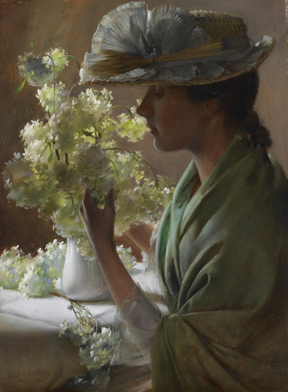 Dame mit einem Blumenstrauß (Schneebälle) von Charles Courtney Curran