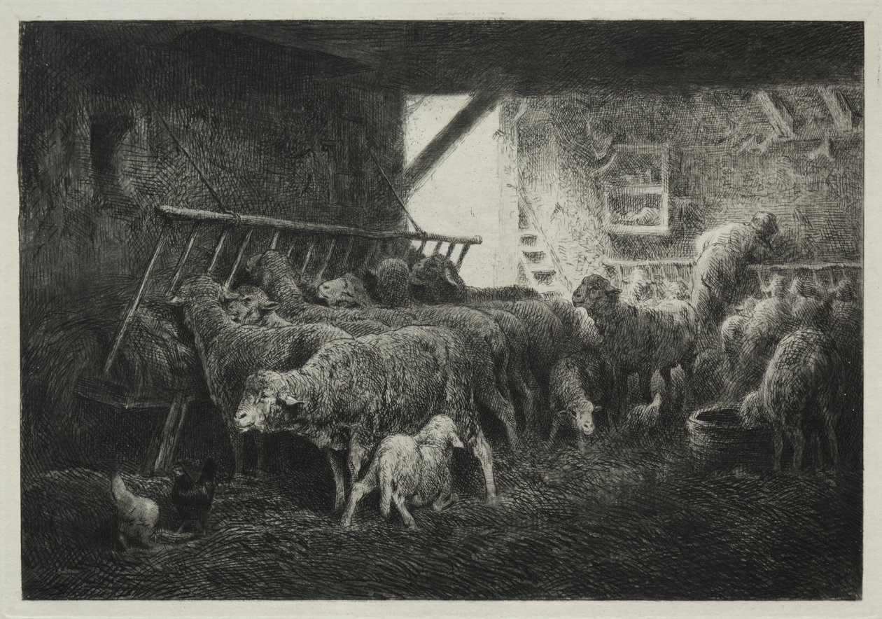 Inneres eines Schafstalls von Charles Emile Jacque