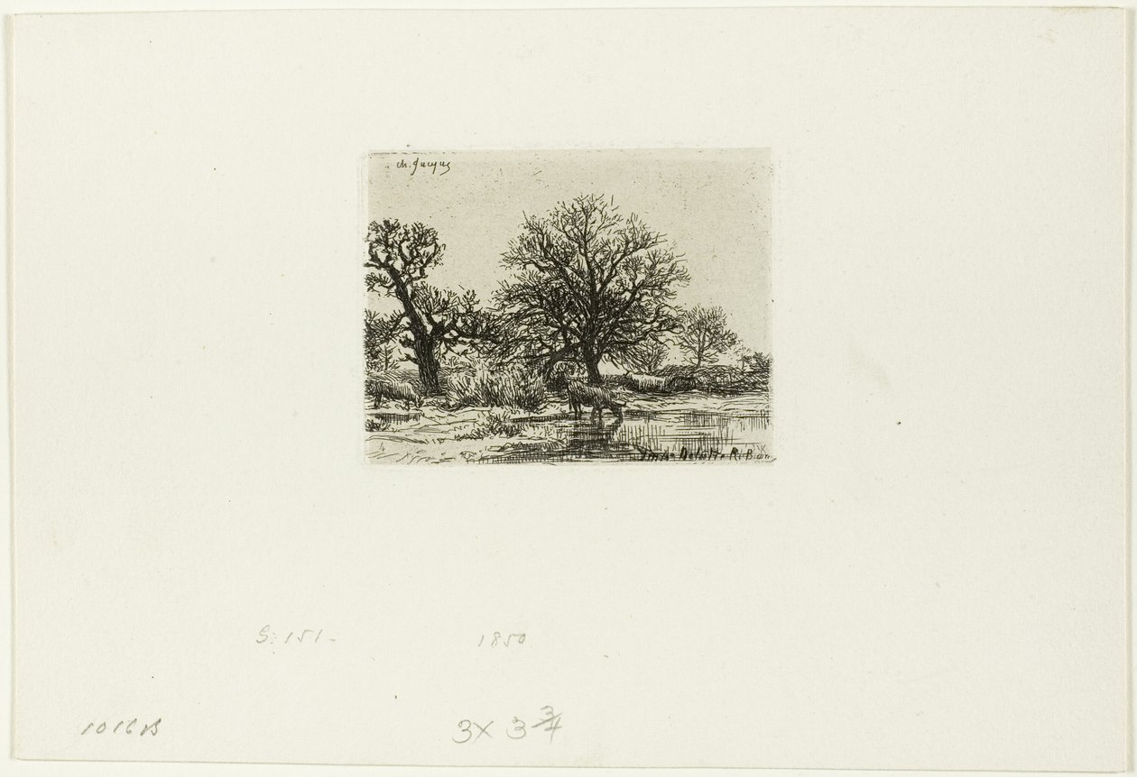 Bäume und Kühe in der Nähe eines Teichs von Charles Emile Jacque