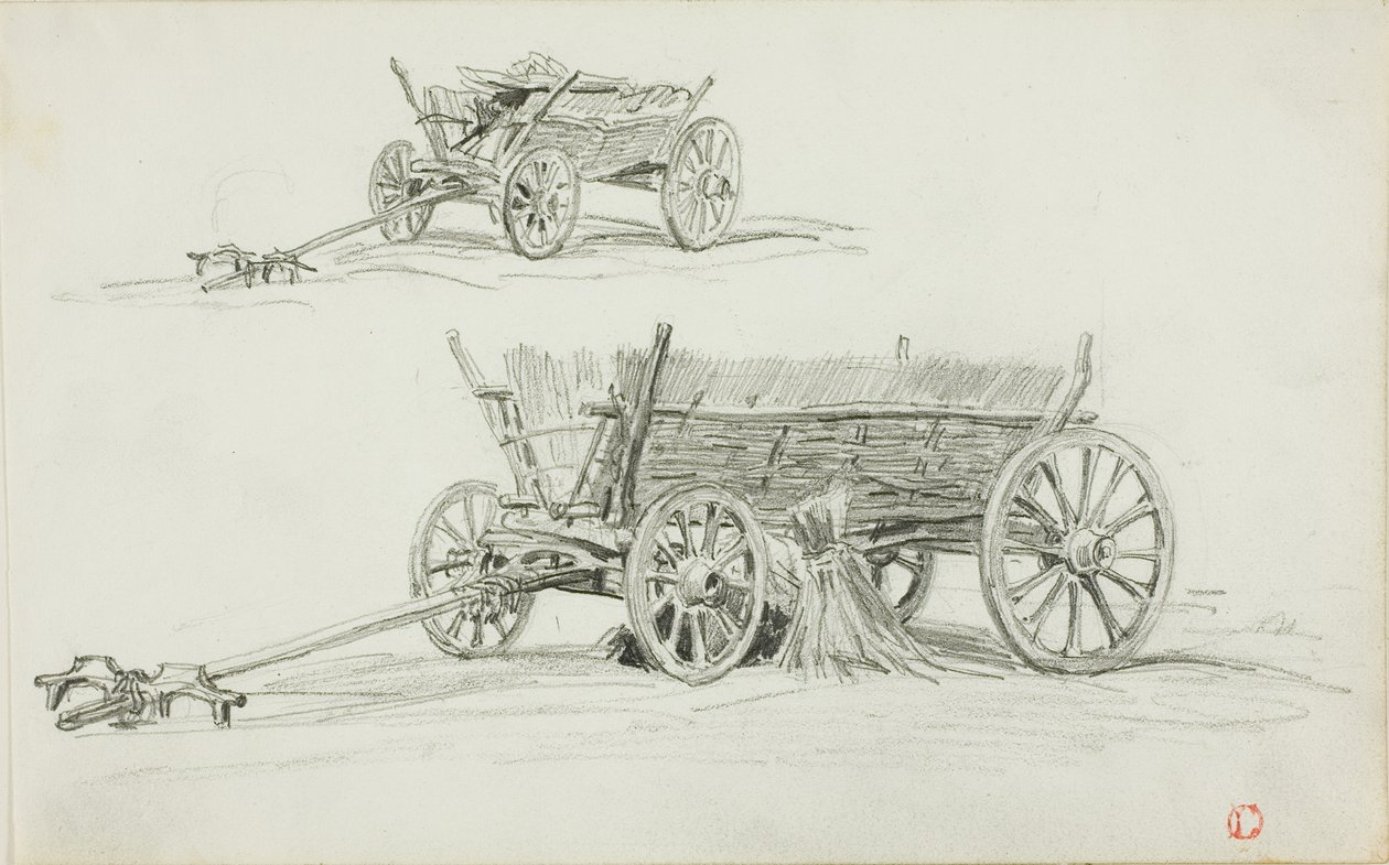 Zwei Skizzen eines Ochsenkarrens von Charles Francois Daubigny