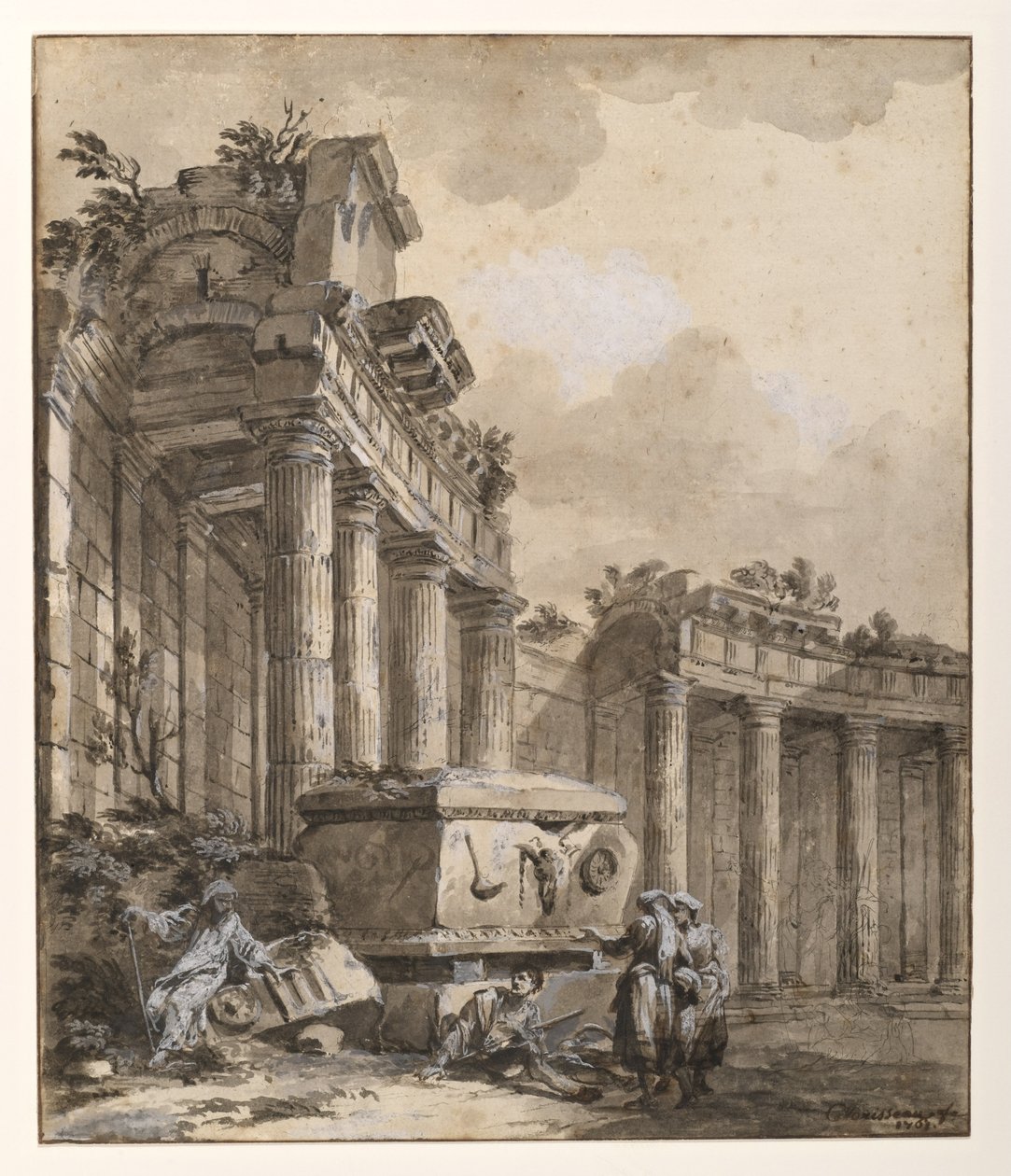 Figuren nahe einer zerstörten Kolonnade von Charles Louis Clerisseau