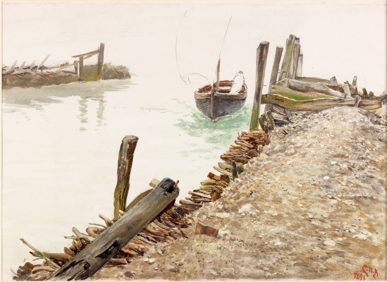 Dinghy nähert sich einem Steg von Charles Napier Hemy