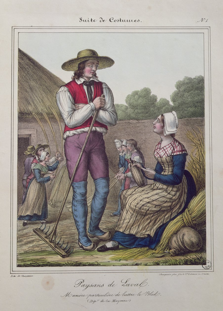 Dreschen von Korn in der Region Laval, ca. 1845 von Charpentier