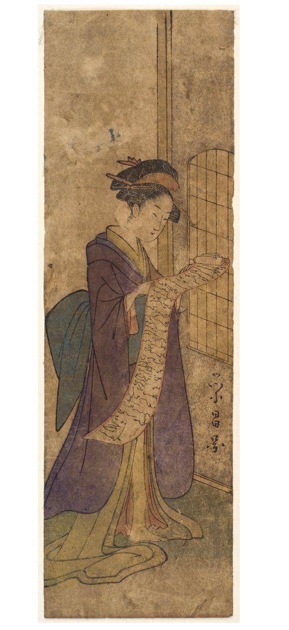 Dame liest einen langen Schriftrollenbrief von Chobunsai Eishi