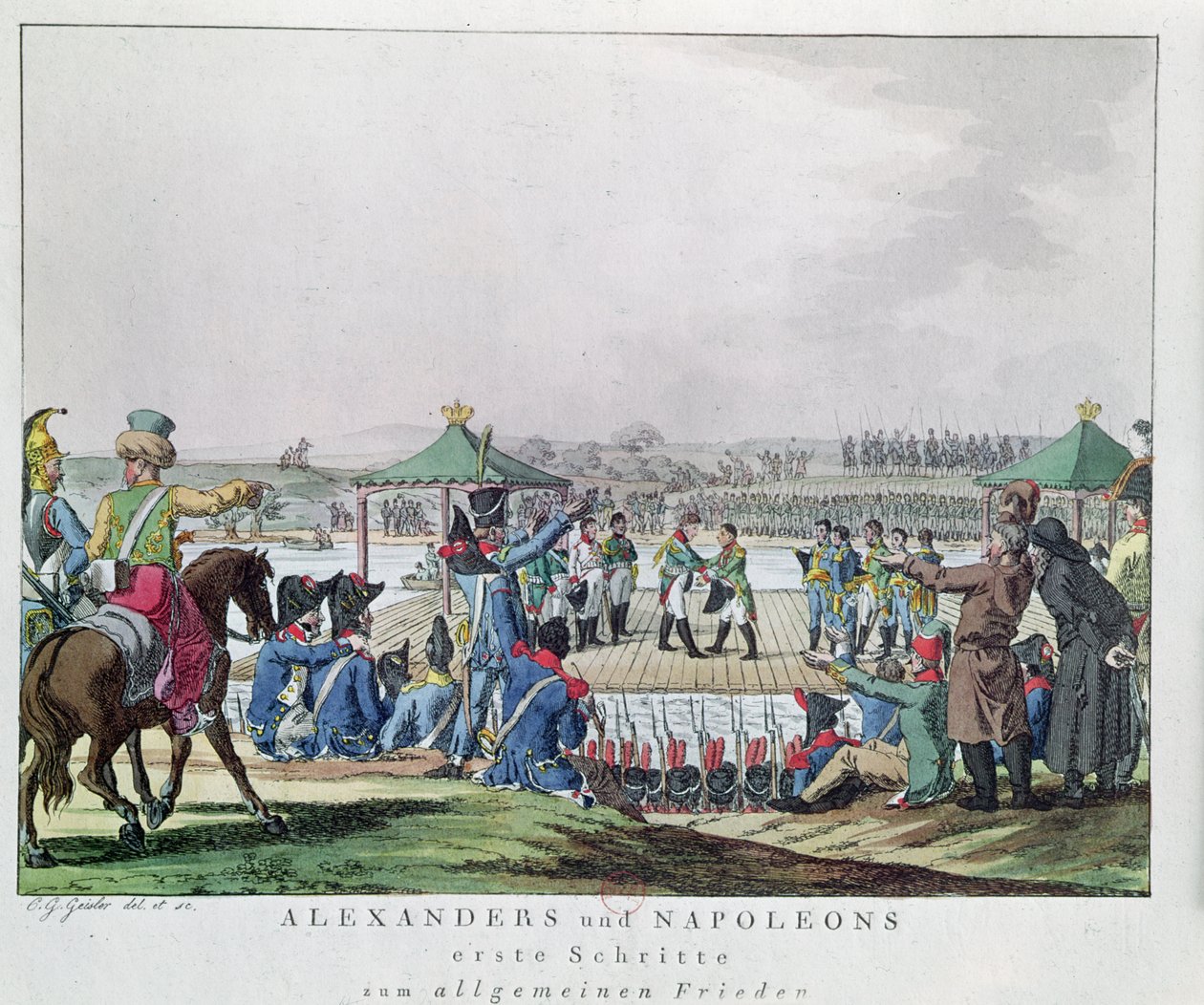 Alexander I. (1777-1825) und Napoleon (1769-1821) machen die ersten Schritte zu einem allgemeinen Friedenszustand, 26. Juni 1807 von Christian Gottfried Geissler