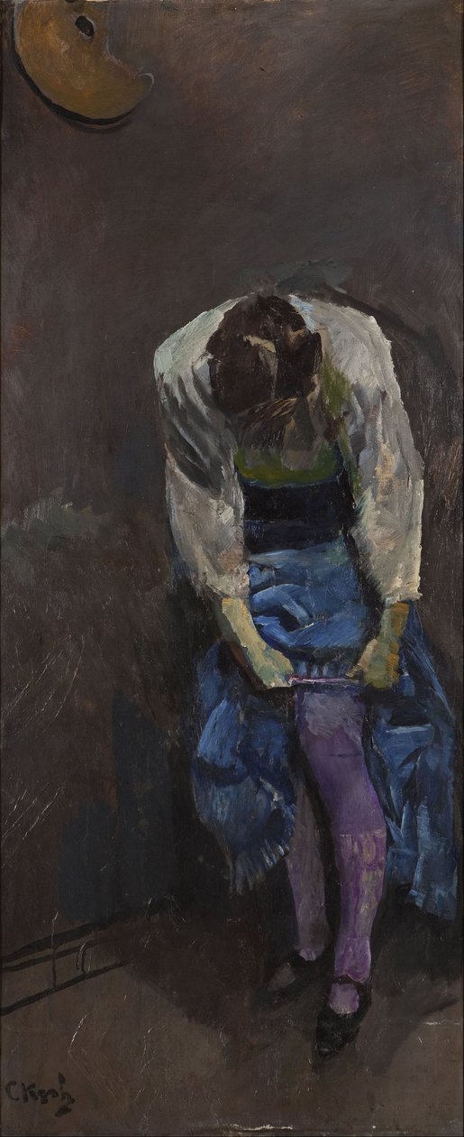 Mädchen, das ihr Strumpfband bindet von Christian Krohg