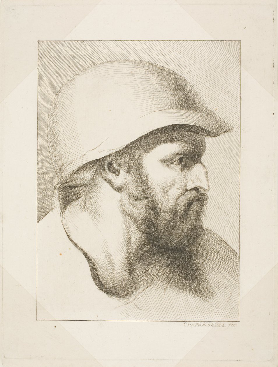 Bärtiger Männerkopf mit Stahlhelm von Christian Frederick Köhlitz
