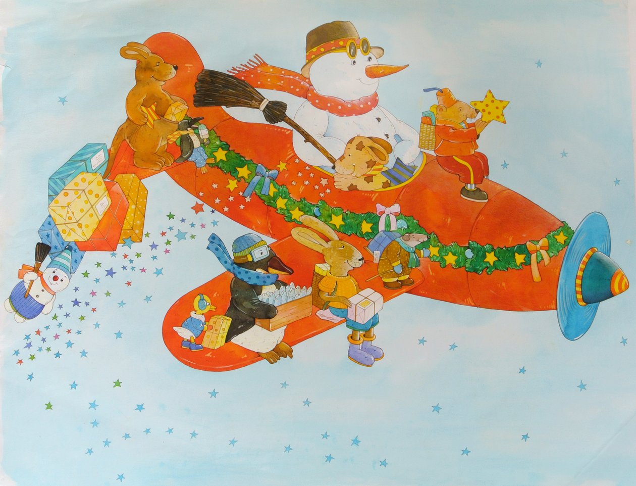 Weihnachtsflugzeug mit Schneemann von Christian Kaempf