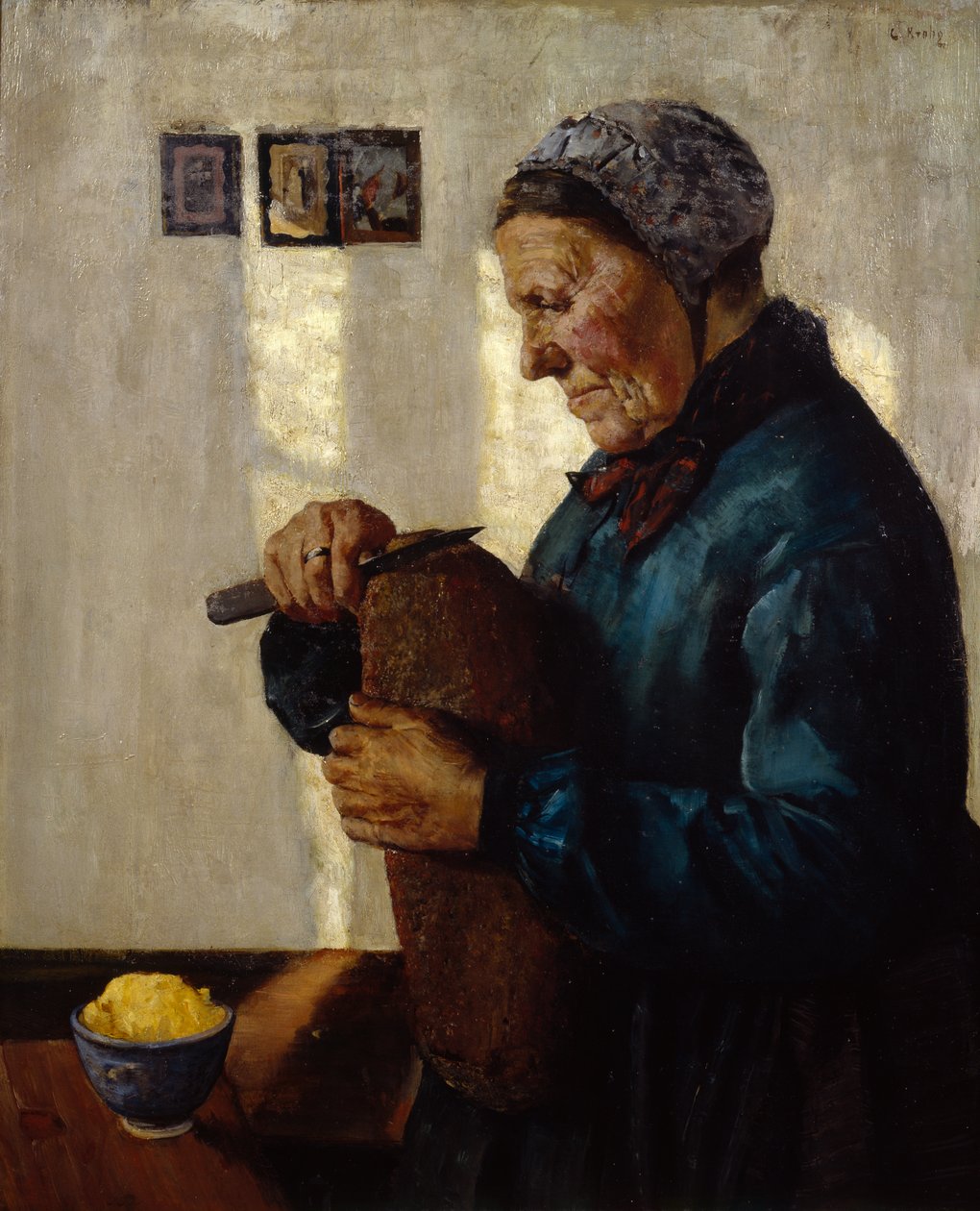 Frau schneidet Brot von Christian Krohg