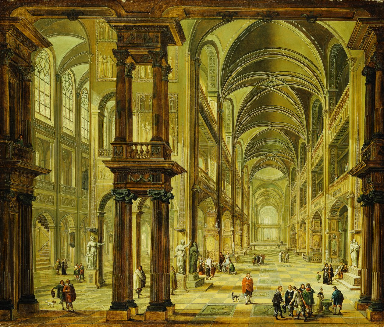 Ein imaginäres Kircheninneres mit Figuren von Christian Stocklin