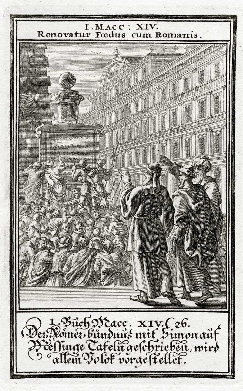 Das römische Bündnis mit Simon, auf bronzene Tafeln geschrieben, wird dem Volk präsentiert, 1 Makkabäer 14:26, 1695 von Christoph Weigel