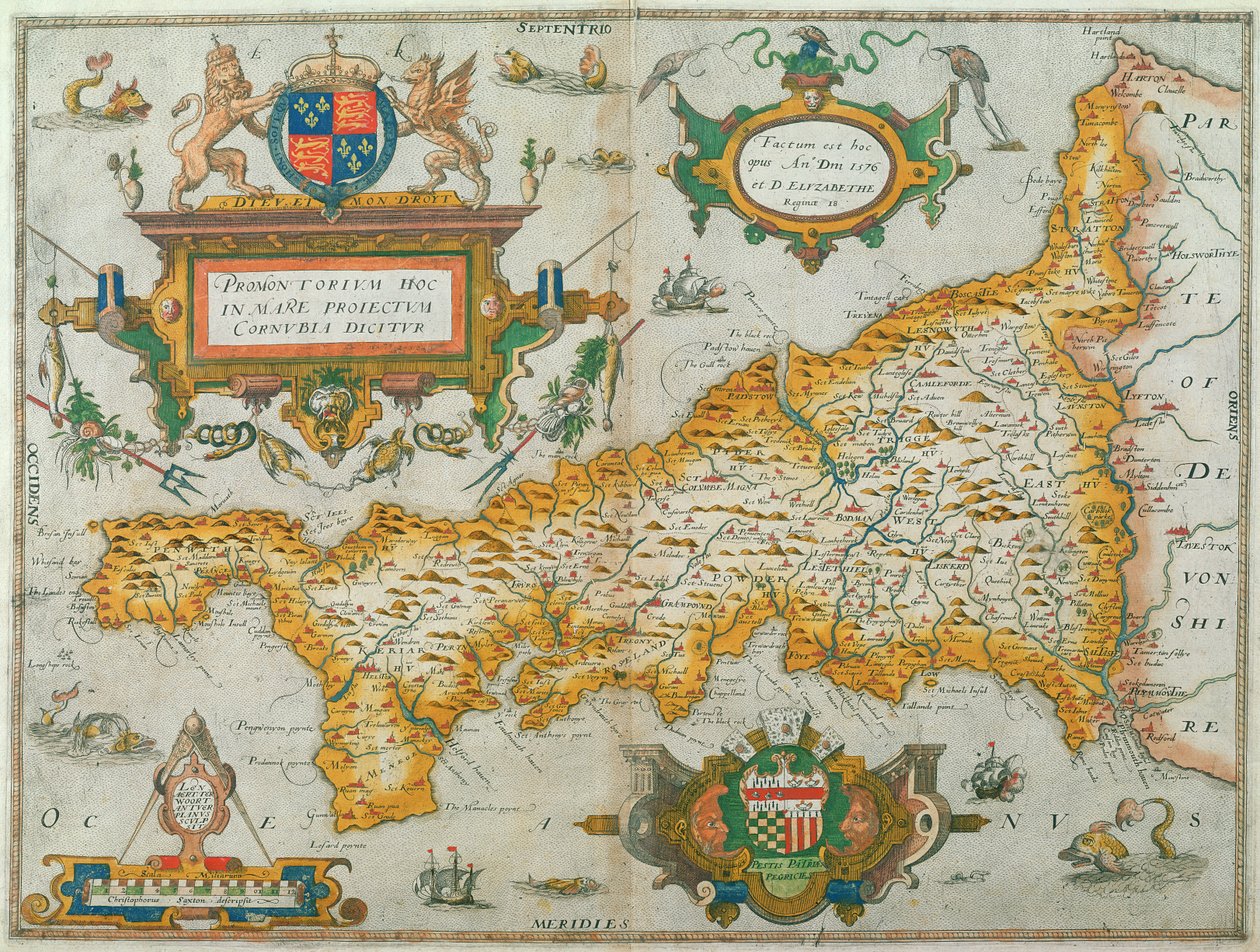 Karte der Grafschaft Cornwall, 1579 (handkolorierter Stich) von Christopher Saxton