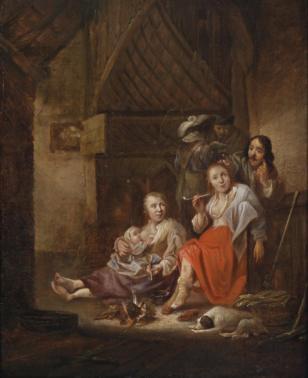 Bäuerliches Interieur mit Figuren an einer Feuerstelle von Circle of Anthonie Palamedes