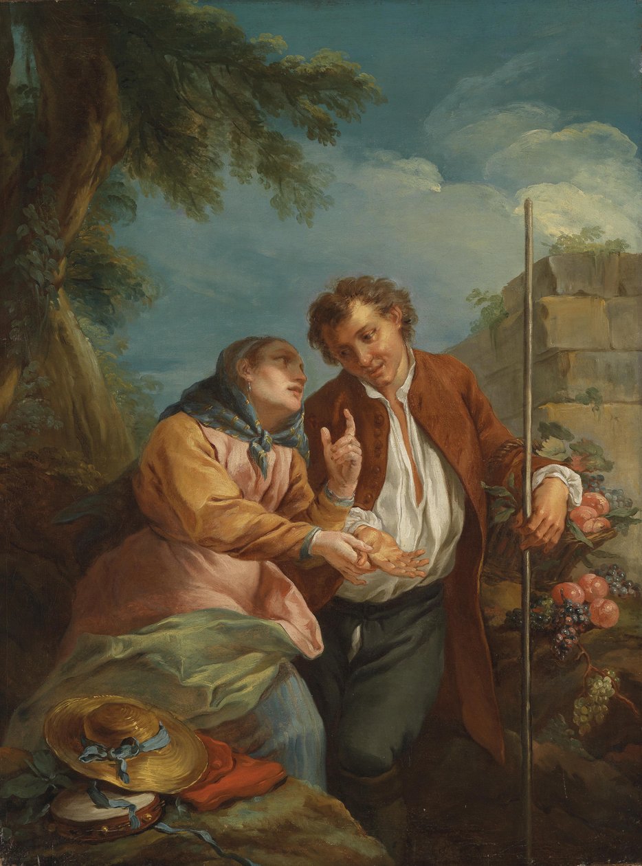 Eine Handleserin und ein junger Früchteverkäufer von Circle of Charles André van Loo