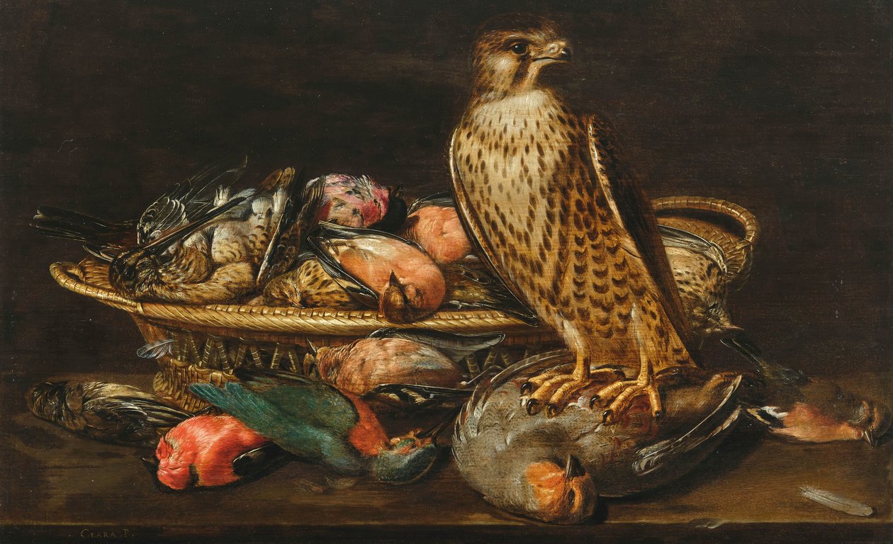 Stillleben mit Wanderfalke und Vögeln von Clara Peeters