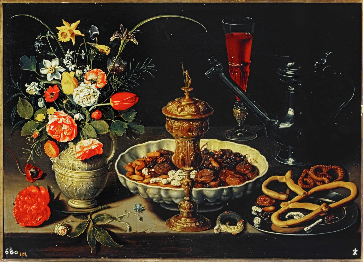 Tisch mit Krug, Blumen, Trockenfrüchten von Clara Peeters