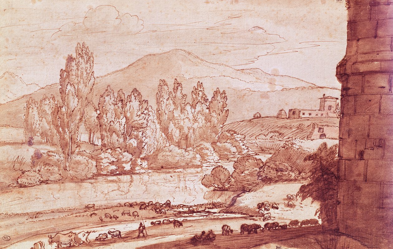 Landschaft mit einem Fluss, einer Rinderherde und einem Hirten von Claude Lorrain
