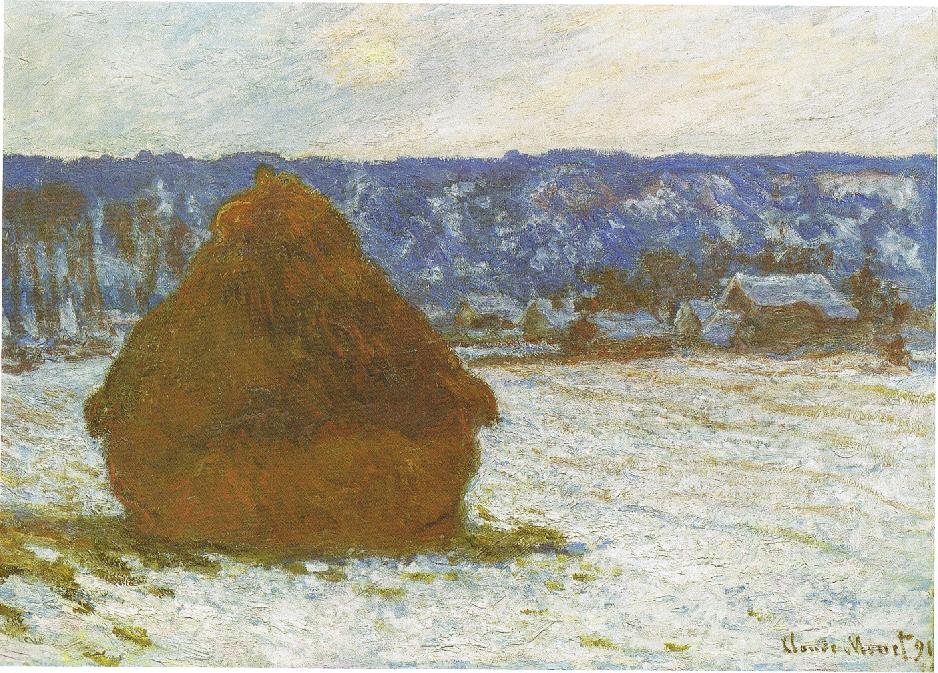Getreideschober, Schneeeffekt, bewölkter Tag von Claude Monet