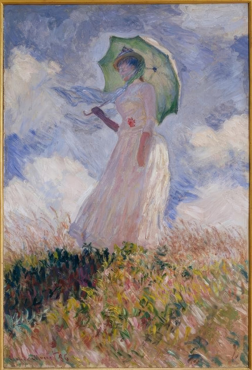 Frau mit Sonnenschirm nach links gewandt von Claude Monet
