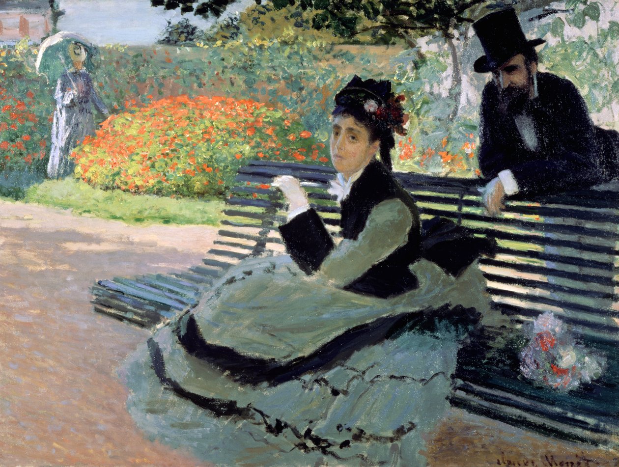 Madame Monet auf einer Gartenbank von Claude Monet