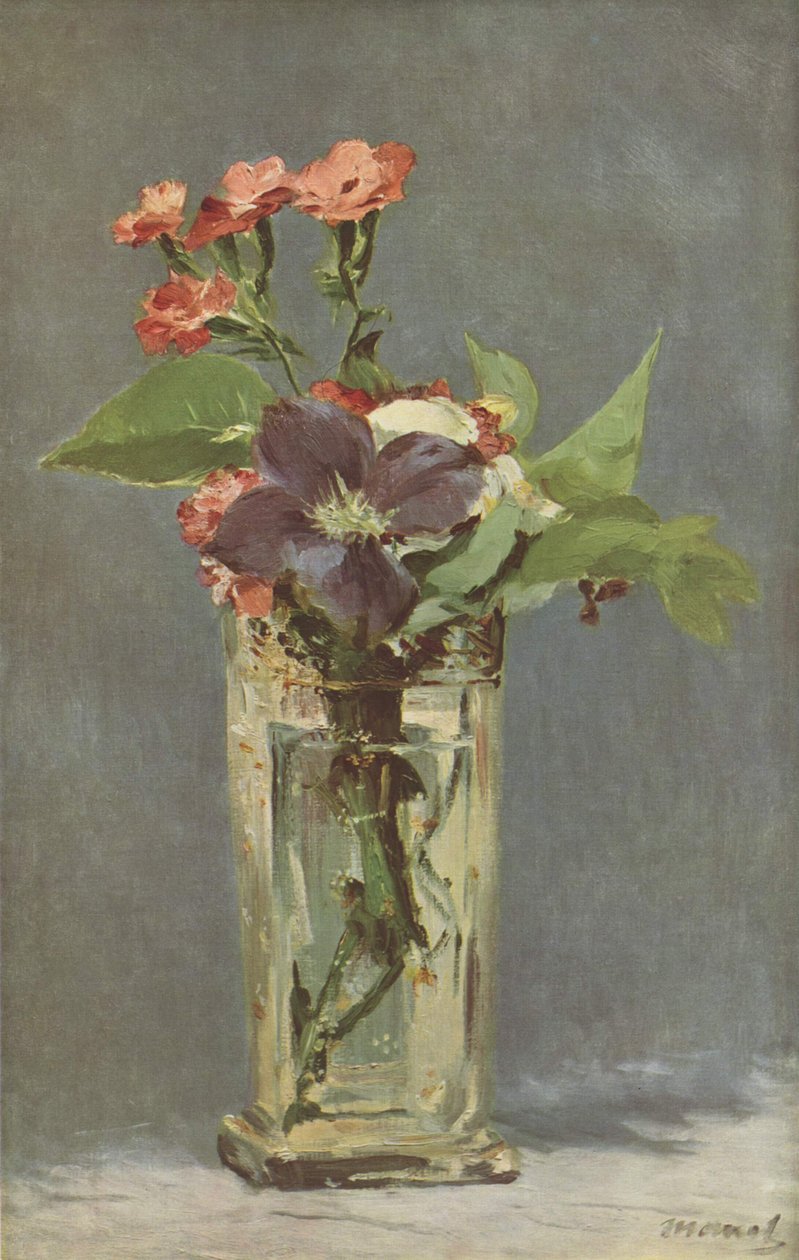 Nelken und Clematis in einer Kristallvase von Claude Monet
