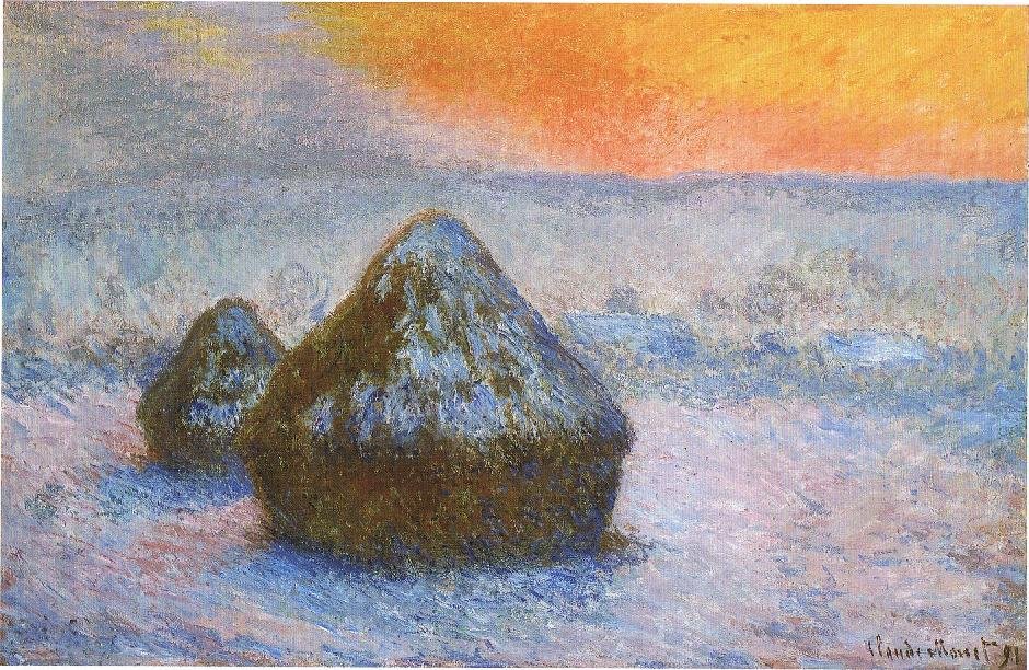 Getreideschober Sonnenuntergang, Schneeeffekt von Claude Monet
