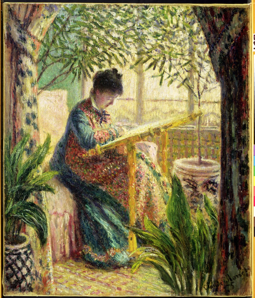 Madame Monet beim Sticken (Camille am Metier), 1875 von Claude Monet