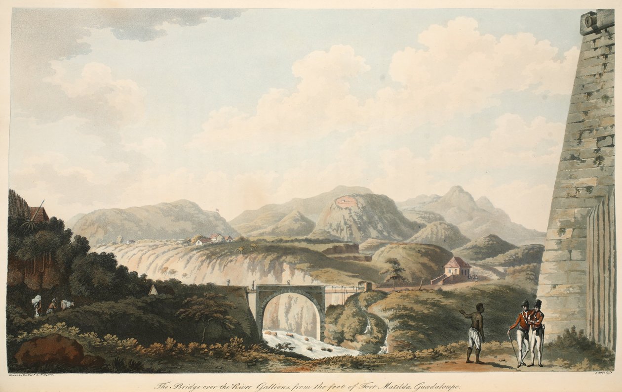 Die Brücke über den Fluss Gallions, vom Fuß der Festung Matilda, Guadeloupe, Illustration aus 