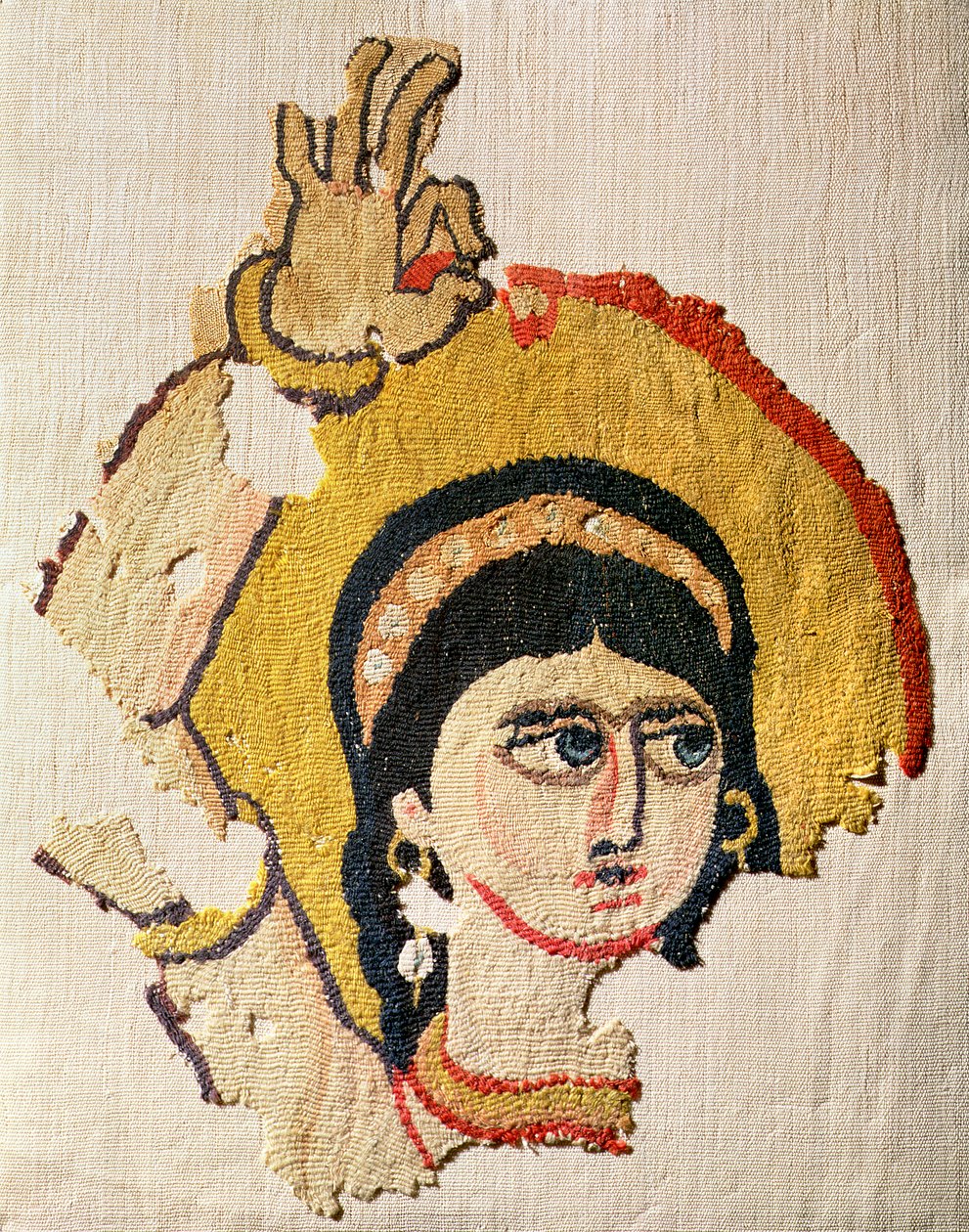 Fragment eines Wandteppichs, der den Kopf einer Tänzerin darstellt von Coptic