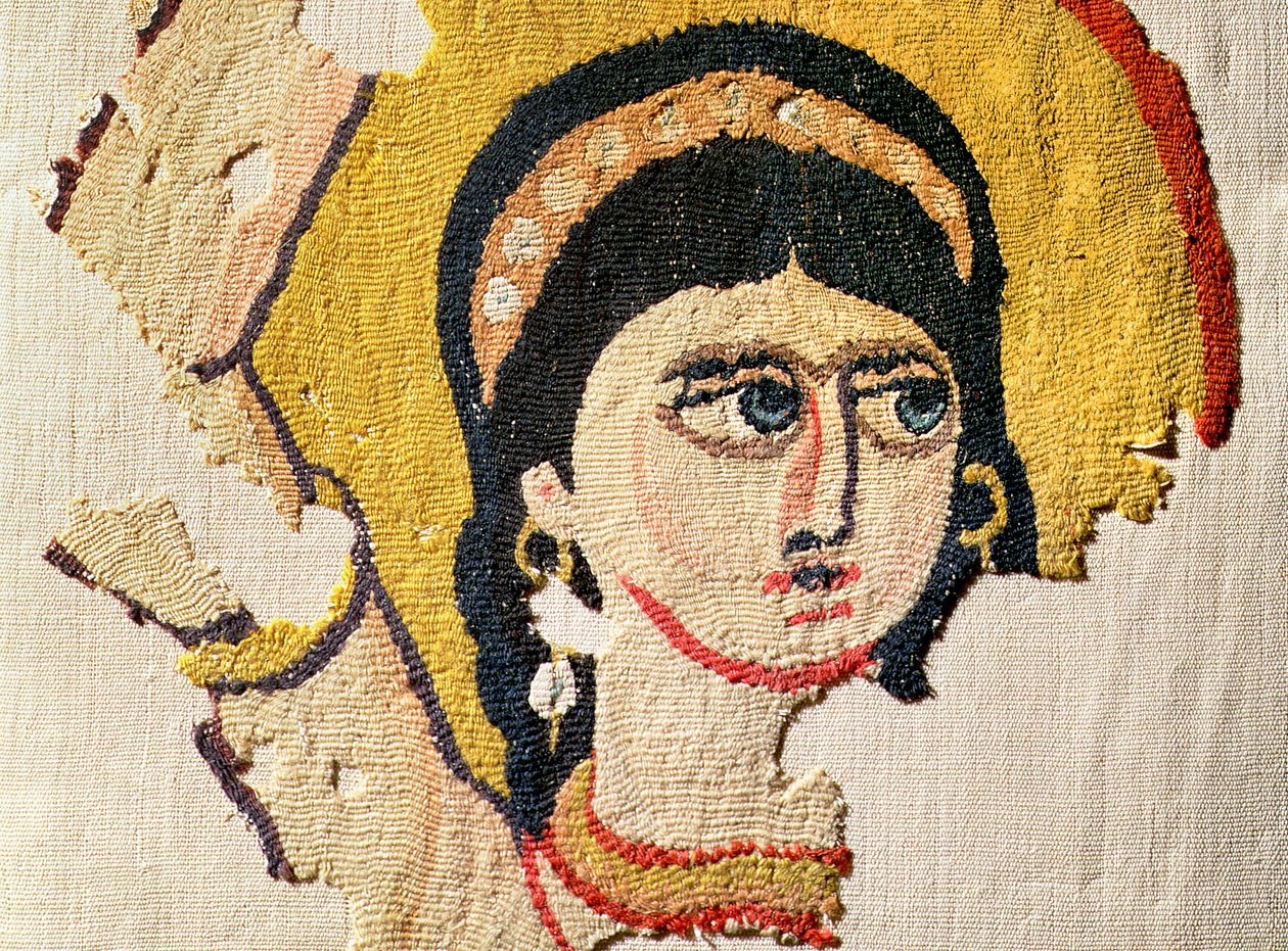 Fragment eines Wandteppichs, der den Kopf eines Tänzers darstellt (Detail) von Coptic