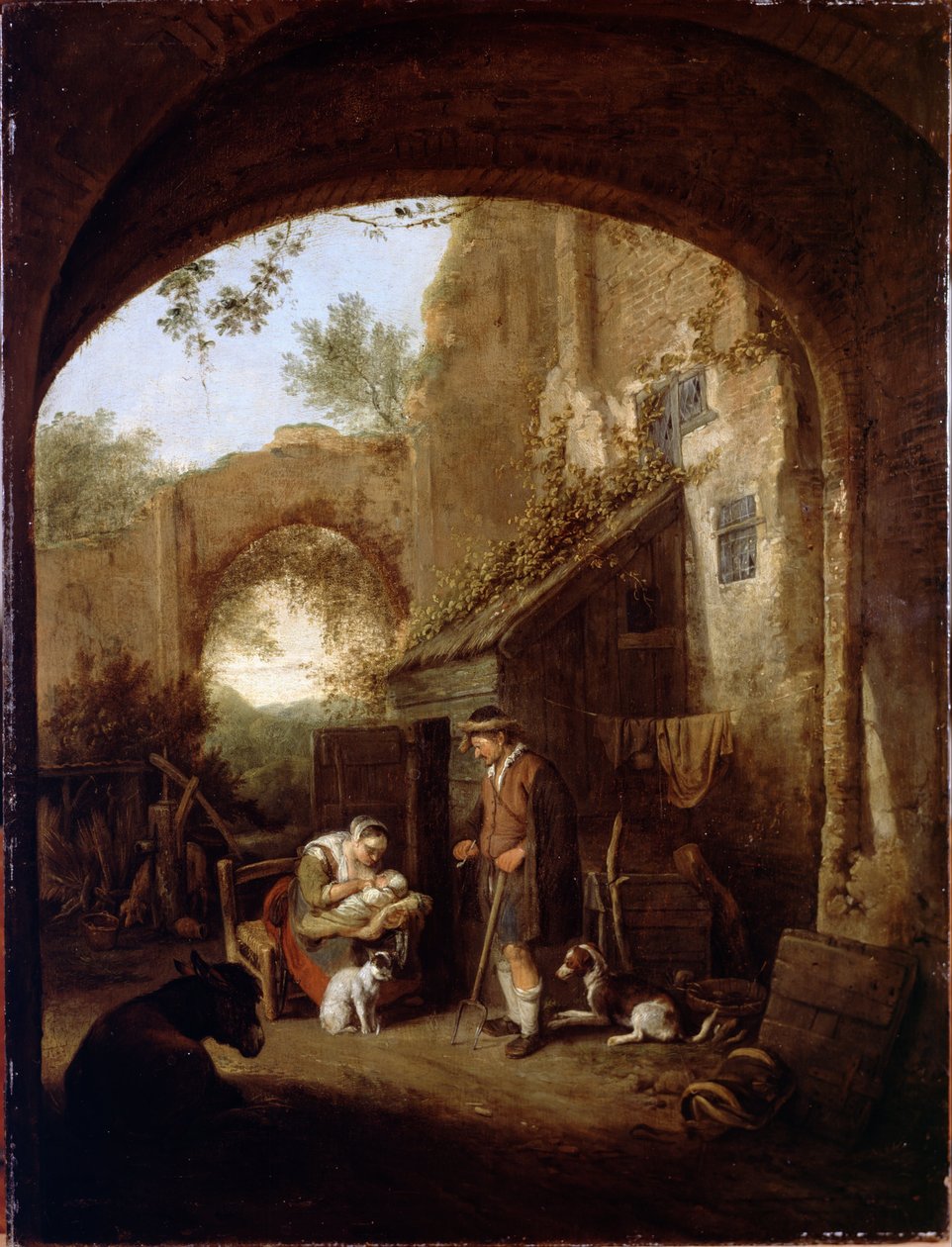 Figuren im Hof eines alten Gebäudes von Cornelis Dusart
