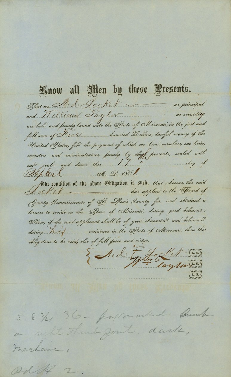 Ned Locket Freier Neger Bond von County Court of St.Louis