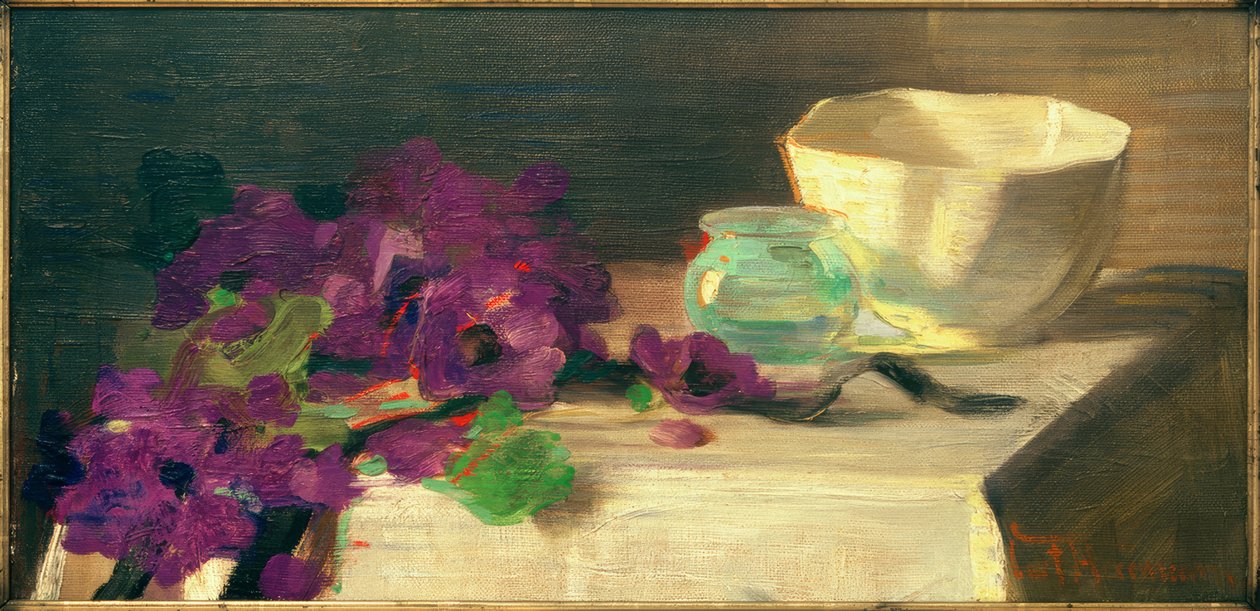 Stillleben mit Anemonen, Glasvase und Porzellanschale von Curt Herrmann