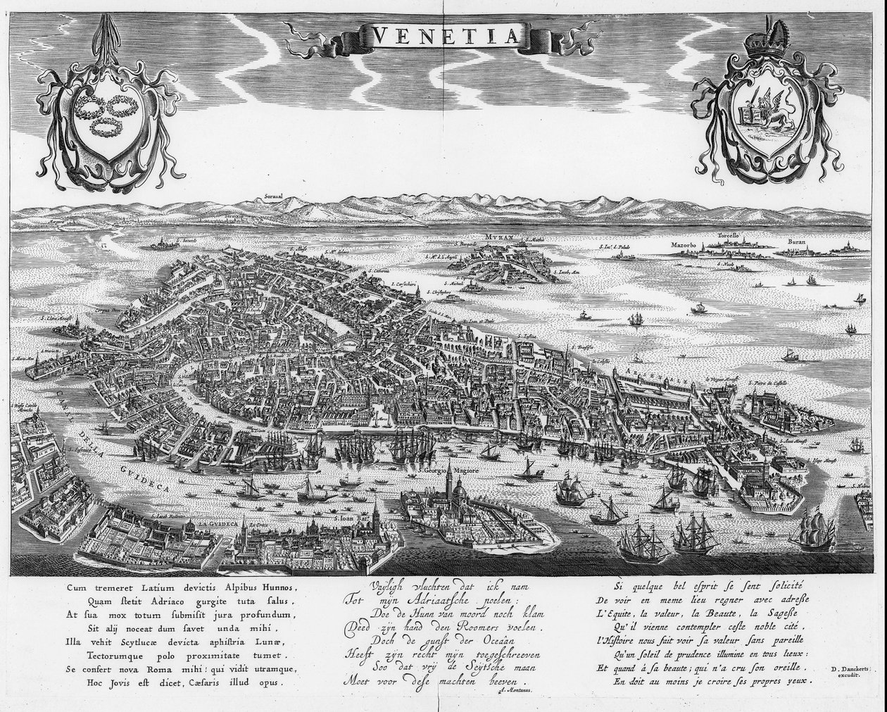 Plan von Venedig mit drei Texten in Latein, Niederländisch und Französisch von Dancker Danckerts