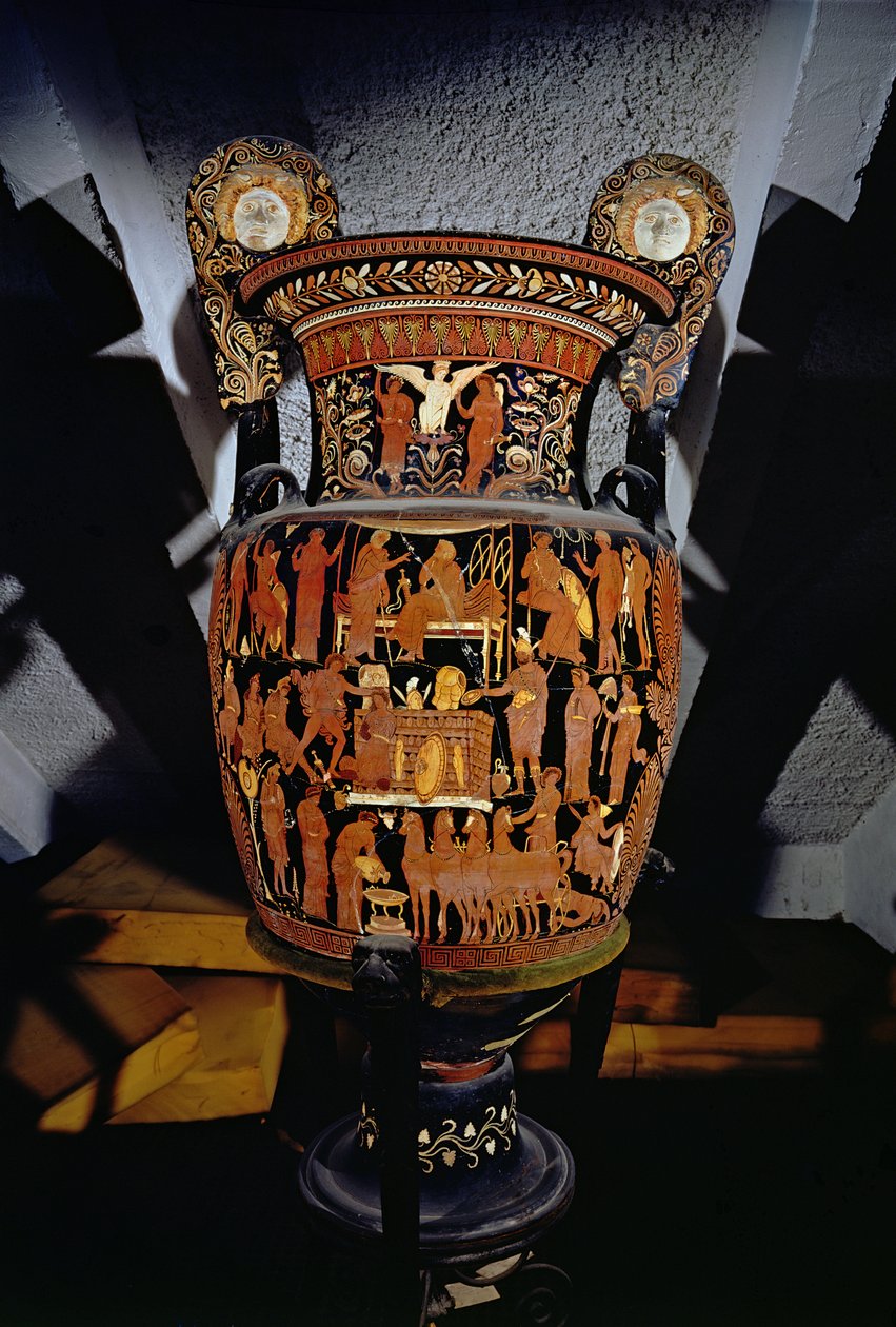 Apulischer rotfiguriger Volutenkrater mit einer Szene des Opfers trojanischer Gefangener durch Achilles bei der Beerdigung von Patroklos, griechisch, aus Canosa, 4. Jahrhundert v. Chr. von Darius Painter