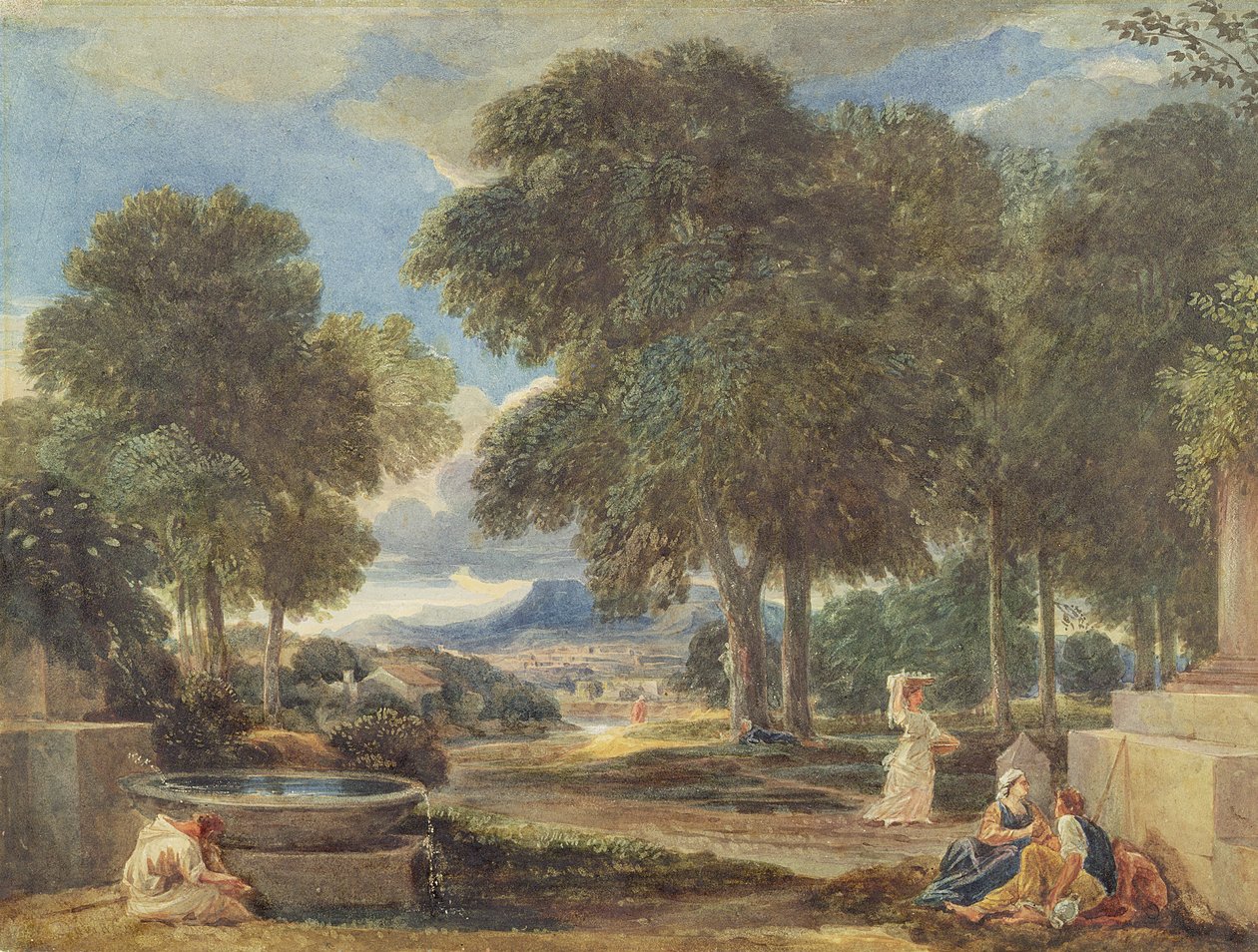 Landschaft mit einem Mann, der seine Füße an einem Brunnen wäscht, nach Nicolas Poussin (1594-1665) von David Cox