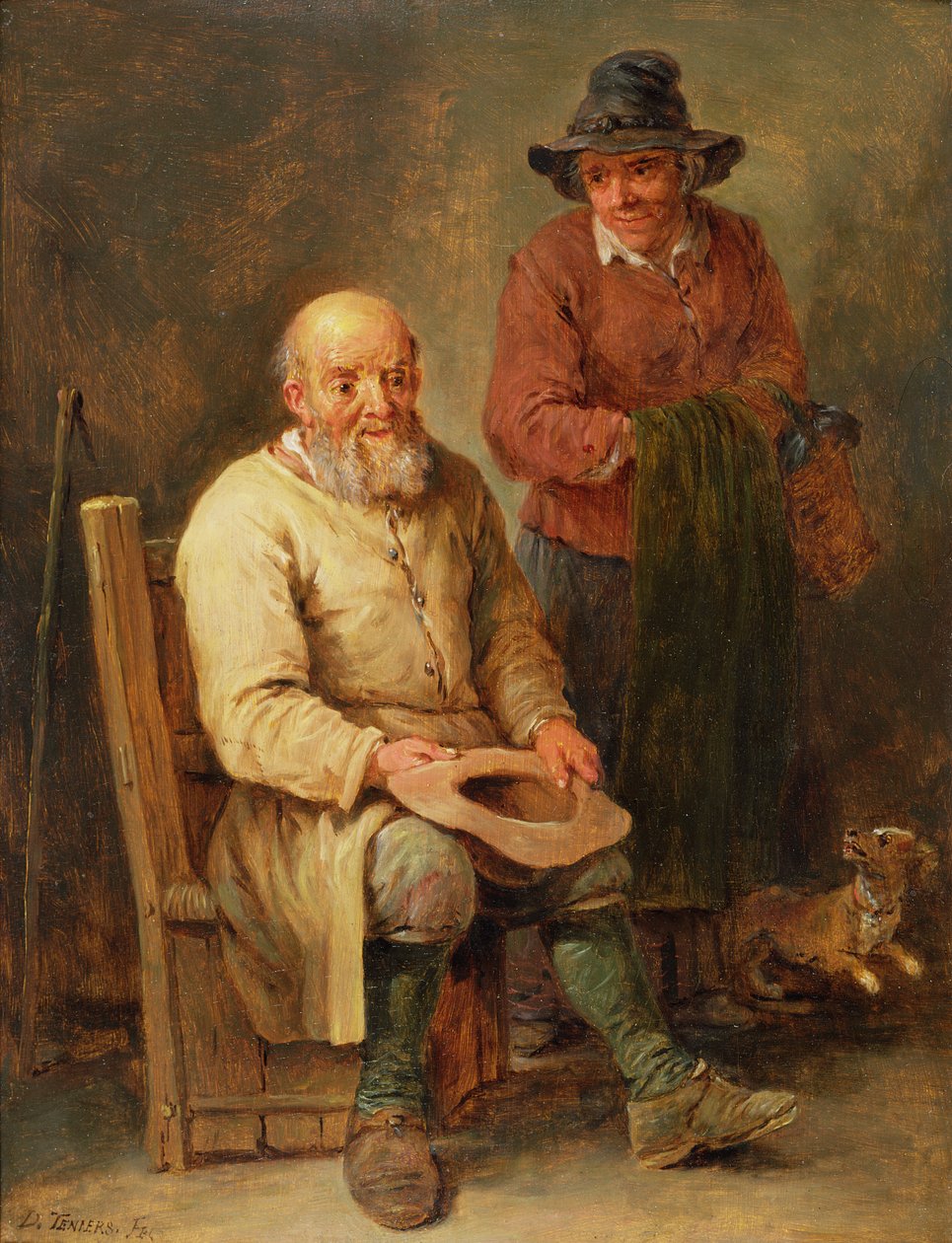 Ein Mann sitzt mit einer Frau an seiner Seite und einem Hund zu ihren Füßen, 17. Jahrhundert von David Teniers the Younger