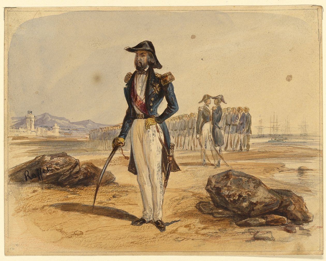 General mit Truppen im Hintergrund von Denis Auguste Marie Raffet