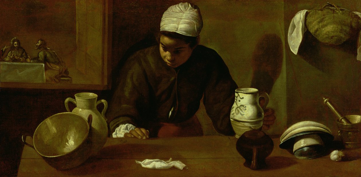 Küchenmagd mit dem Abendmahl in Emmaus, ca. 1618 von Diego Velázquez