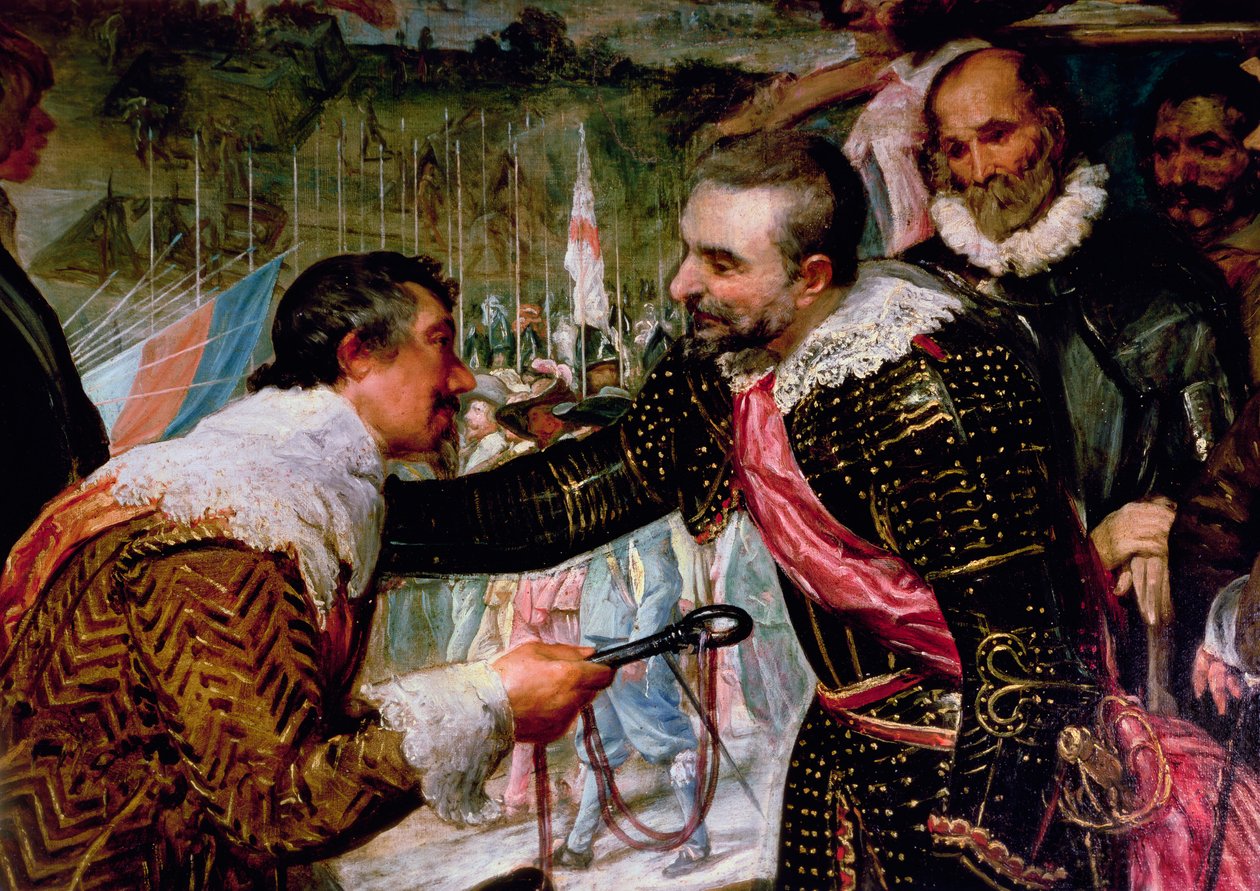 Die Kapitulation von Breda (1625), Detail von Justin de Nassau, der die Schlüssel an Ambroise Spinola (1569-1630) übergibt, am 5. Juni 1625 (Detail) von Diego Velázquez