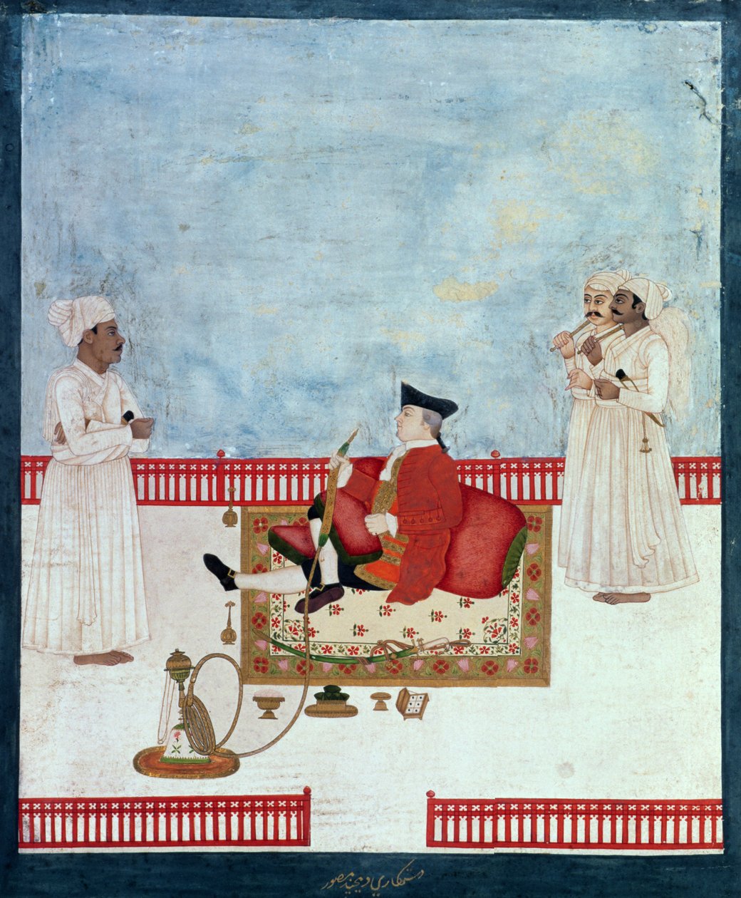Ein Europäer auf einer Terrasse mit Dienern, ca. 1760-63 (indische Miniatur) von Dip Chand