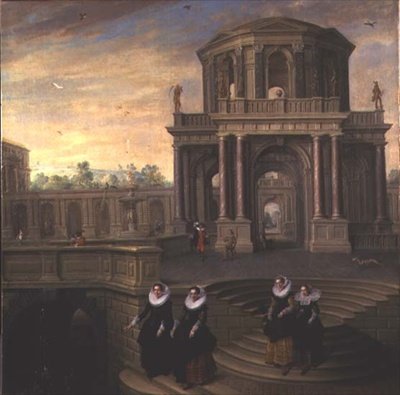 Frauen steigen Treppen hinunter von Dirck van Delen