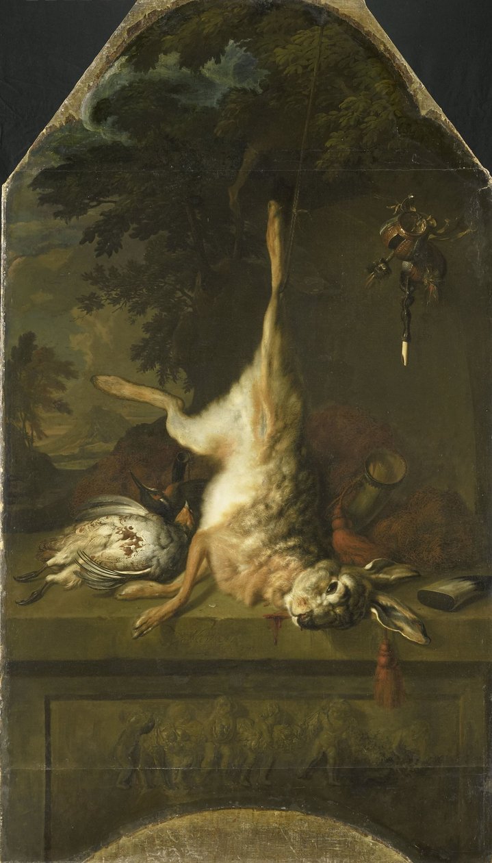 Stillleben mit totem Hasen und Rebhühnern von Dirk Valkenburg