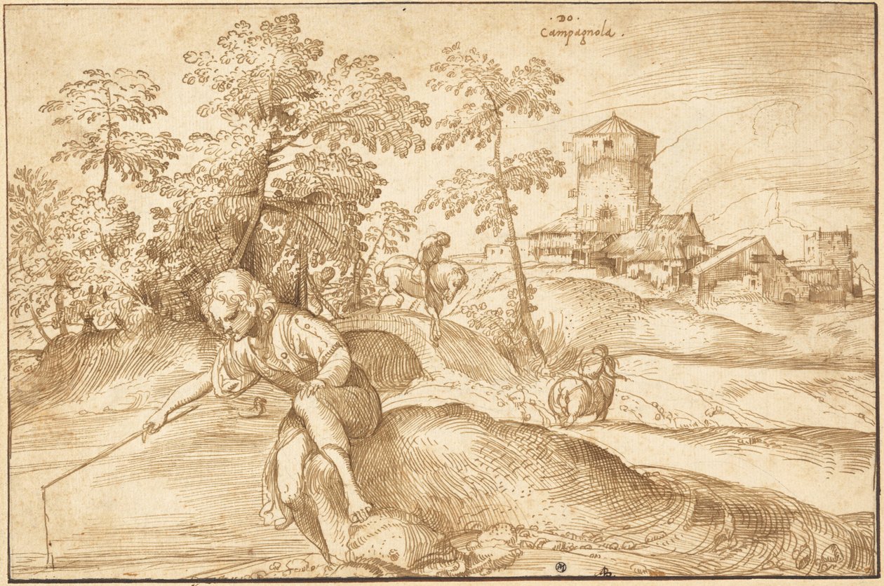 Landschaft mit einem Jungen beim Angeln von Domenico Campagnola