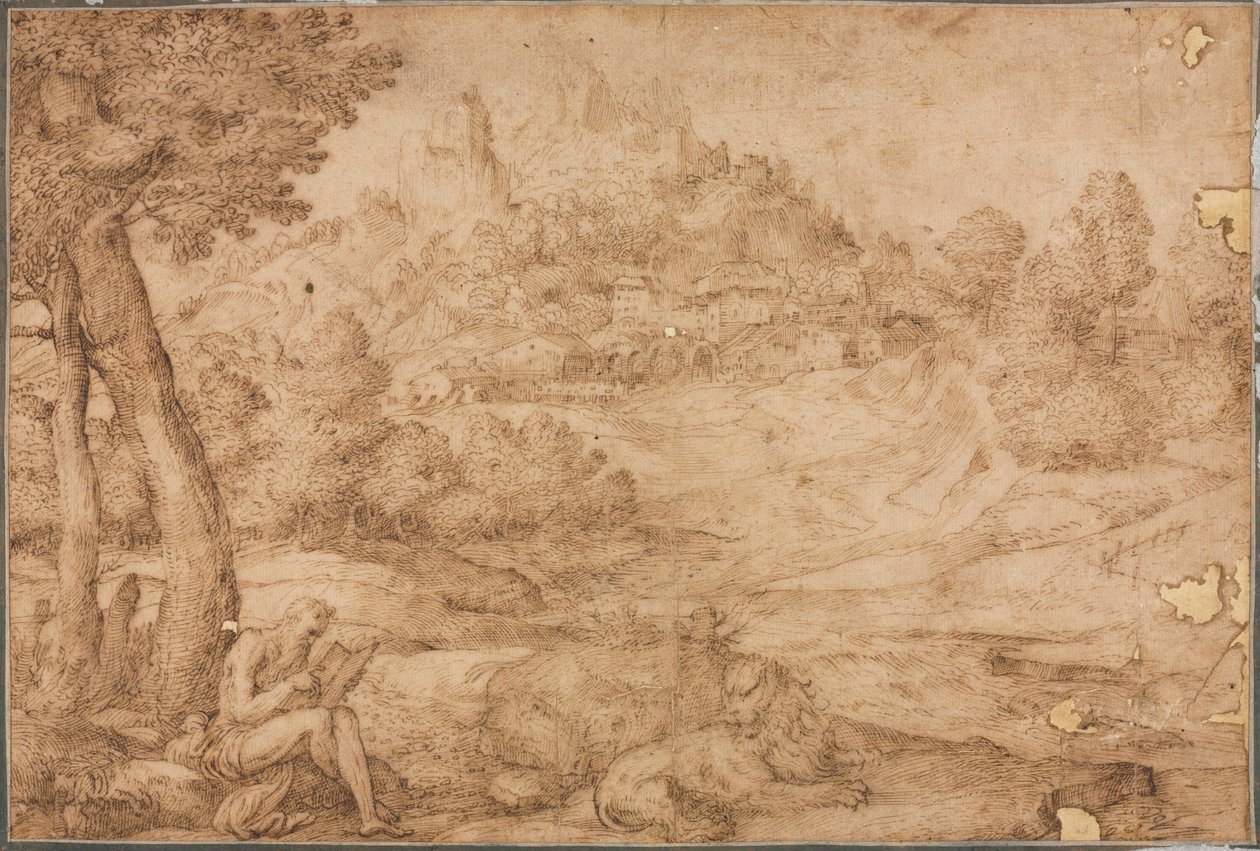 Heiliger Hieronymus in einer Landschaft von Domenico Campagnola