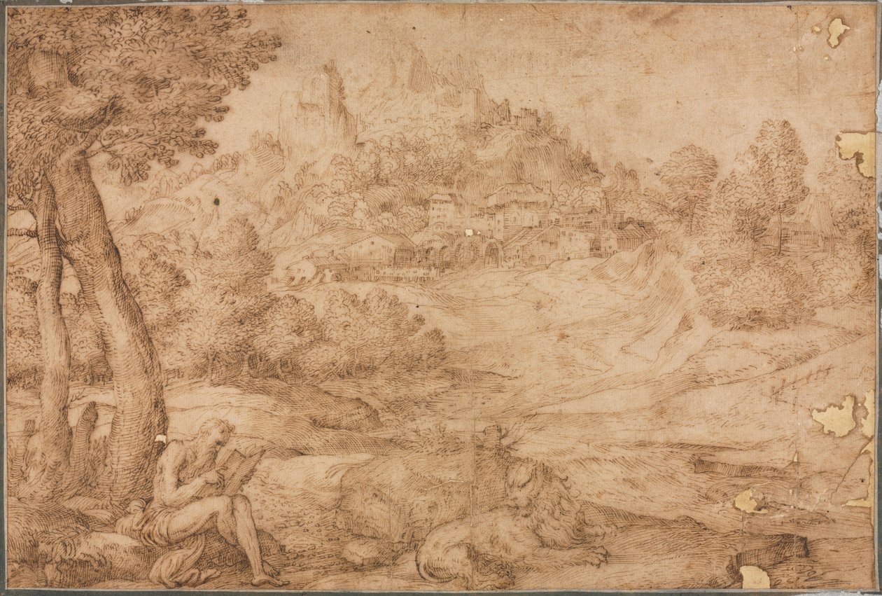 Heiliger Hieronymus in einer Landschaft von Domenico Campagnola